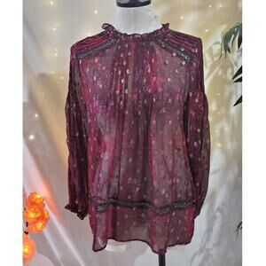 Anthropologie HD in Paris Winterberry Gold Dot Blouse Womens Size S Semi Sheer